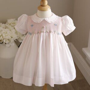 Girls Pink Smocked Dress Heirloom Floral Embroidery 12 Month Party Portrait New